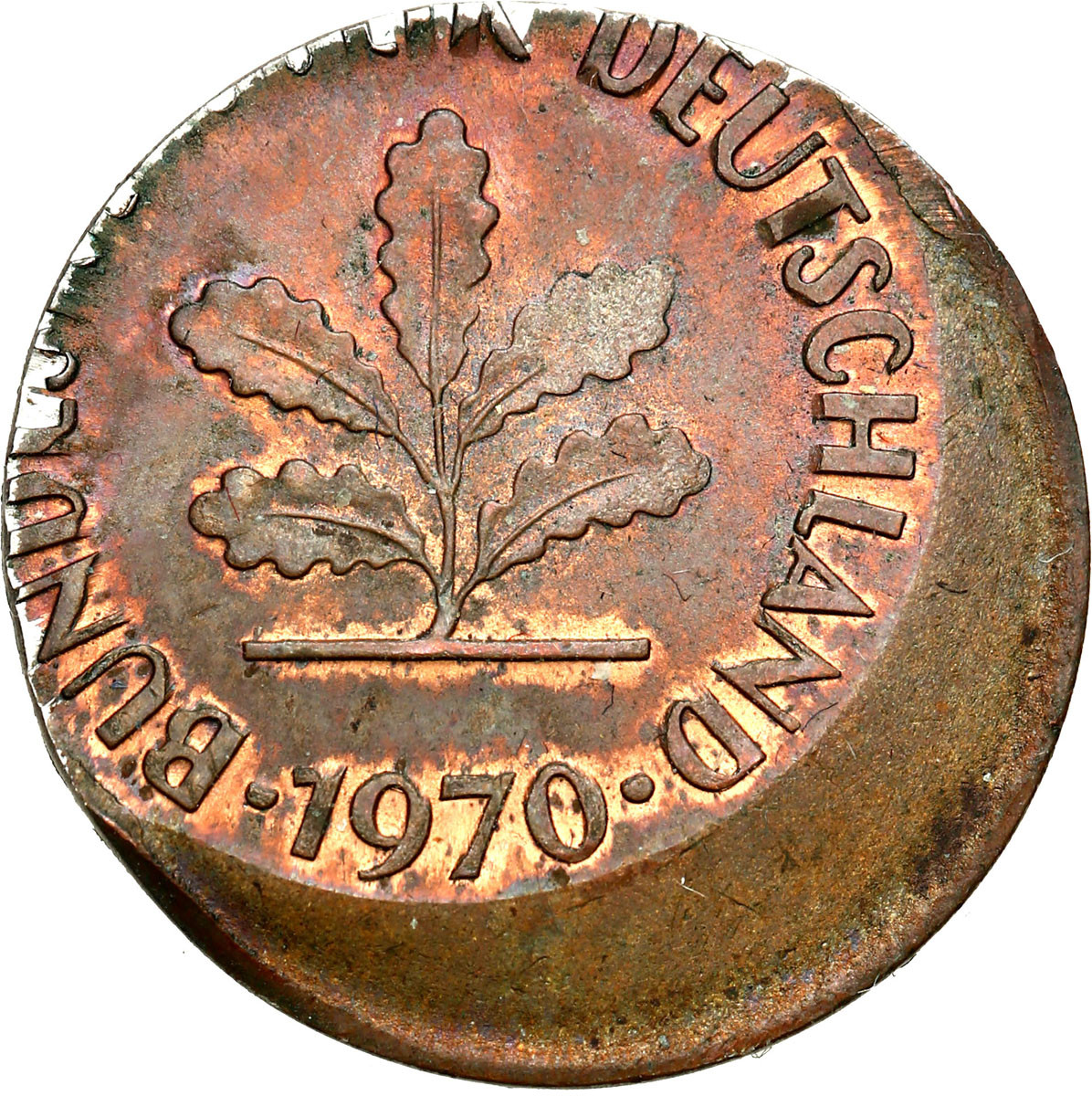 Niemcy. 2 fenigi 1970 przesunięty stempel - DESTRUKT